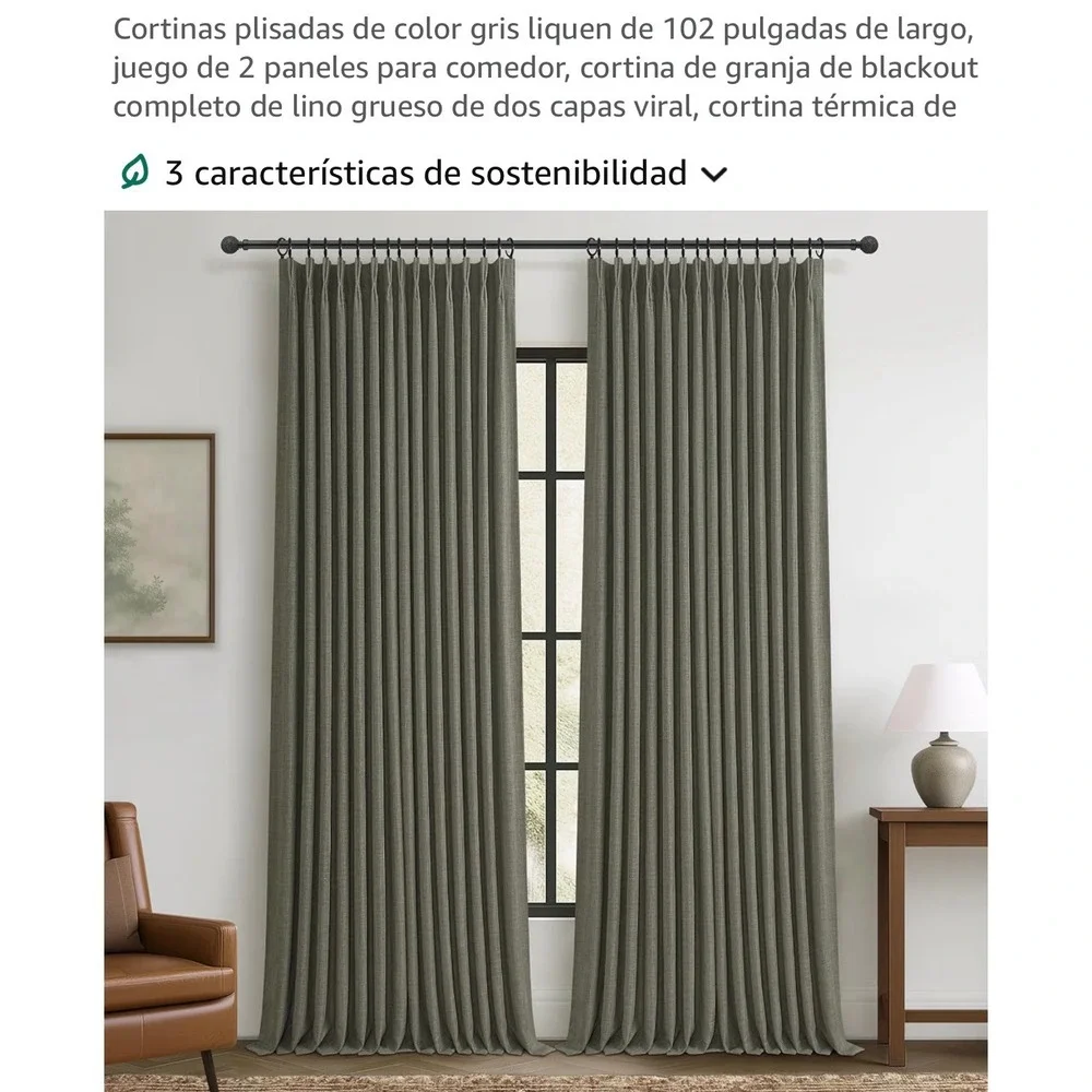 Lichen Gray Pleated Blackout Curtains 102 Inch 2 Panel Set Faux Linen Thermal